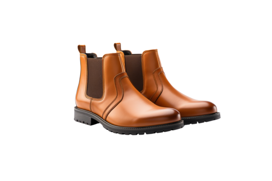 A pair of stylish brown leather chelsea boots with a chunky sole, perfect for fall. background removed