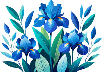 Blue iris flowers with wide teal leaves in a garland, on white background.  spring flowers on a white
