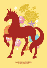 Horse silhouette poster with flowers background 2026 card. Lunar new year 2026 poster vector illustration.