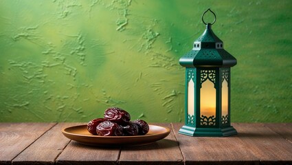 Green lantern casting light over dates on rustic table.