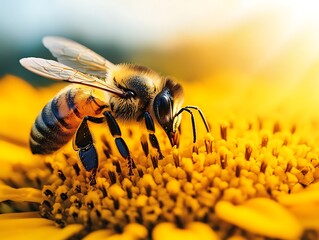 A honeybee gathering nectar from a bright yellow flower