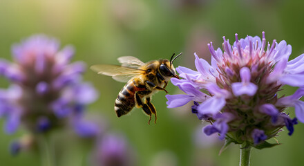 Honeybee in Flight, Pollinating Purple Flowers