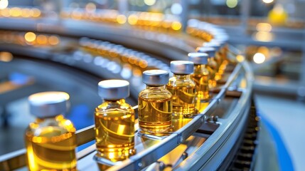 3d render of pharmaceutical manufacturing with glass bottles on conveyor for covid 19 vaccine