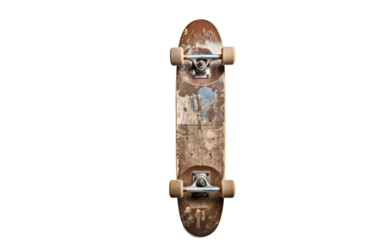A well-worn, used skateboard deck, viewed from above, showing significant wear and tear. background removed