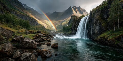 Majestic waterfall and rainbow arch over a serene river in a mountain valley during afternoon light