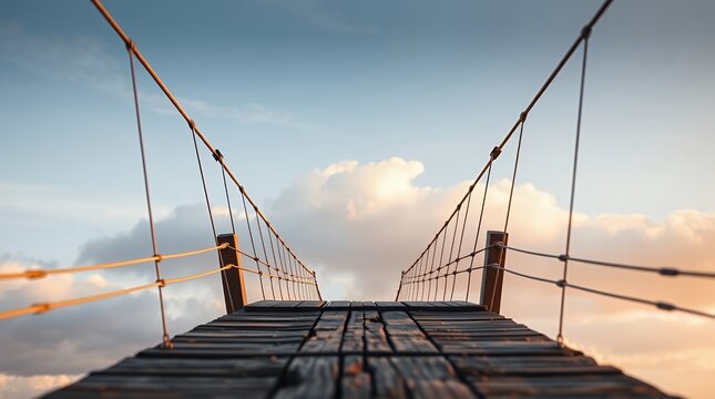Wooden bridge reaching towards a hopeful sky journey to success awaits