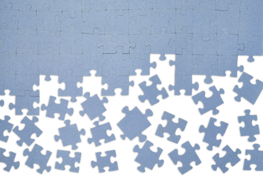 Blue jigsaw puzzle with missing pieces on a transparent background. Incomplete game, concept of problem solving, teamwork, or finding solutions. PNG.