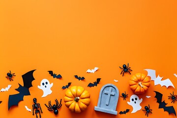 Festive halloween decoration with pumpkins bats spiders ghosts and tombstone against orange background