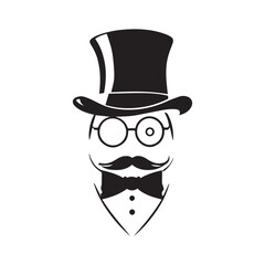 The Gentleman: A minimalist and elegant illustration of a gentleman, showcasing a classic top hat, round spectacles, and a distinguished mustache, evoking a sense of sophistication and refined taste.