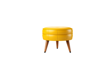 A mustard yellow round ottoman with wooden legs, a stylish and modern piece of furniture. background removed