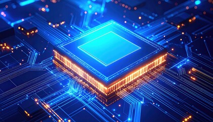 Glowing blue chip on circuit board with intricate network of lines