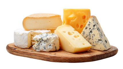 Different types of cheese, including soft, hard, and blue cheese, are arranged on a wooden cutting board, creating an inviting presentation against a transparent background