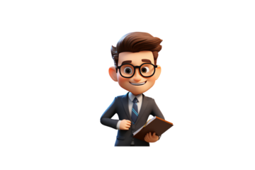 Smiling cartoon businessman holding a book, wearing glasses and a suit. background removed