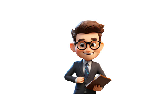 Smiling cartoon businessman holding a book, wearing glasses and a suit. background removed