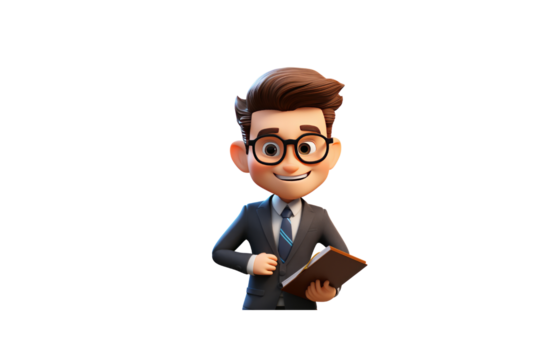 Smiling cartoon businessman holding a book, wearing glasses and a suit. background removed - Powered by Adobe