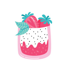 Layered strawberry yoghurt dessert with jam decorated with fresh strawberry fruits and mint leaves in a glass. Gourmet dessert vector illustration isolated on white background