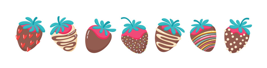 Set of strawberries in chocolate and sprinkles. Romantic sweet dessert vector illustration
