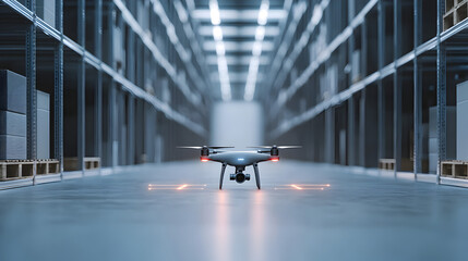 A drone hovers inside a modern warehouse, surrounded by high shelves and illuminated by bright lights.