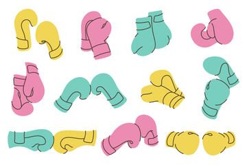 Set of colorful boxing gloves in various poses. Perfect for sport, fitness and training designs.