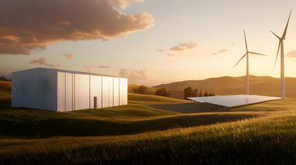 Obraz premium Modern energy facility with wind turbines and solar panels on rolling hills at sunset.