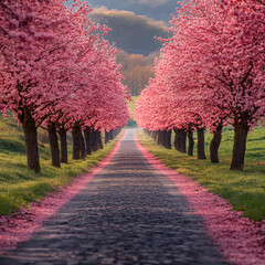 Road lined with pink cherry blossom trees.