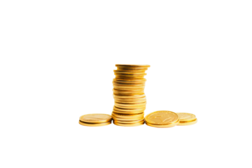 A tall stack of gold coins stands tall, with a few coins scattered at its base. background removed