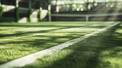 Naklejka premium Green Tennis Court Grass Field Lines Outdoor Summer Sports Background Texture Image High Resolution Detailed View Professional Athletic Field Sunlight Shadows Natural Grass Texture Background Fun 