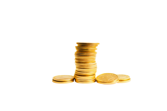 A tall stack of gold coins stands tall, with a few coins scattered at its base. background removed