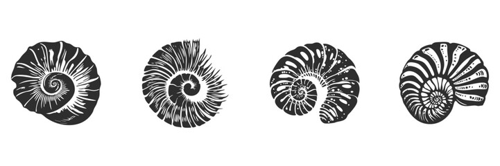 Obraz premium Nautilus Shells Silhouette Set. Marine Fossil Patterns And Natural Spirals Isolated Vector Illustration Collection