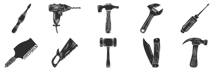 Vintage Hand Tools Silhouette Set. Classic Carpentry And Diy Equipment Isolated Vector Illustration Collection