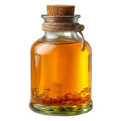 Bottle of golden liquid with cork and rope for potion or remedy isolated on transparent background 