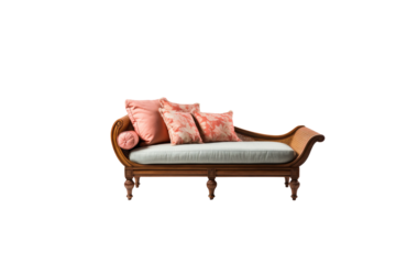 Elegant wooden chaise lounge with coral pillows, perfect for relaxation and sophisticated interiors. background removed