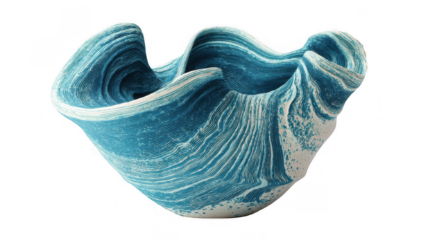 Ceramic vase inspired by tidal waves, featuring swirling blue and white glaze patterns, isolated on a transparent background, creating a striking visual contrast