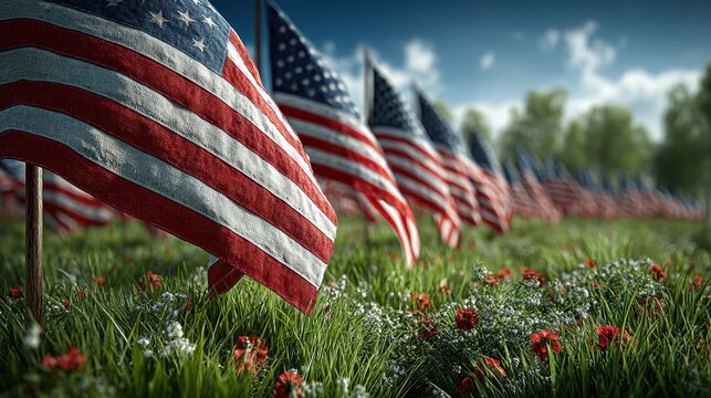 Memorial Day display of American flags in a vibrant green field with flowers under a clear blue sky