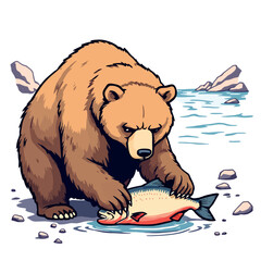 Vsai brown bear catching salmon in river, wildlife fishing scene