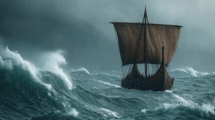 Viking longship sailing through rough seas under a stormy sky, dramatic scene