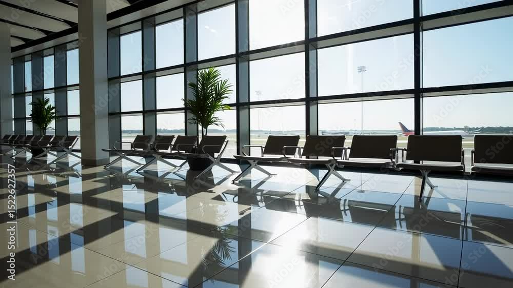 Poster soft sunlight streaming through expansive windows, casting warm light on vacant seating and greenery