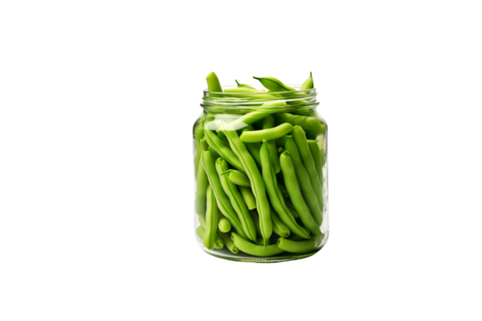 A glass jar filled with fresh, green beans.  Healthy and delicious. background removed
