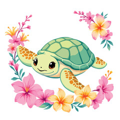 Vsai cute sea turtle swimming in a tropical floral wreath