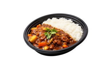 Aromatic Japanese curry served over fluffy white rice in a black bowl. background removed