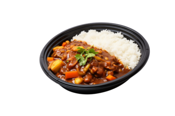 Aromatic Japanese curry served over fluffy white rice in a black bowl. background removed
