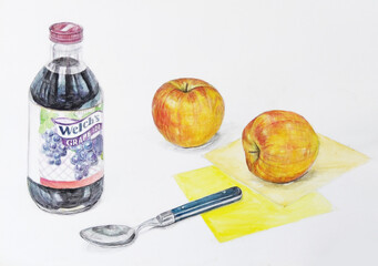 Watercolor of two red apples and grape juice