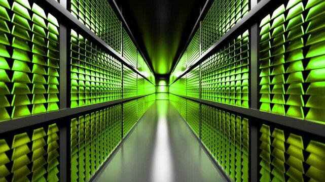 Green glowing quantum processors illuminating advanced computing infrastructure, representing cutting edge technological innovation within sleek server room environment