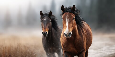 Majestic horses running through foggy landscape at dawn with grey trees in the background