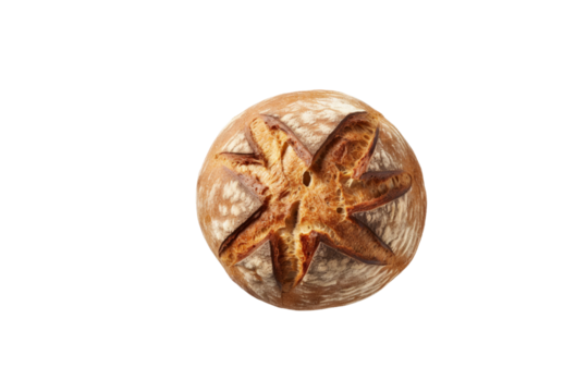 A top view of a rustic sourdough bread loaf, exhibiting a starburst pattern on its crust. background removed