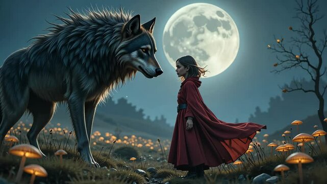 Little girl in red cloak stares at giant wolf under full moon in forest clearing. Fairy tale fantasy concept