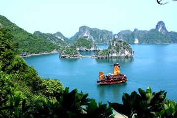 Traditional Junk Boat Sailing in Halong Bay Vietnam Cruise © Alongkorn