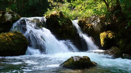Naklejka premium Small Waterfall Cascading over Mossy Rocks with Filtered Sunlight in Lush Green Forest