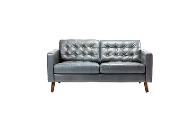 A stylish grey leather two-seater sofa with button tufting, perfect for modern interiors. background removed