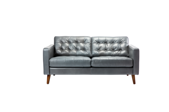 A stylish grey leather two-seater sofa with button tufting, perfect for modern interiors. background removed